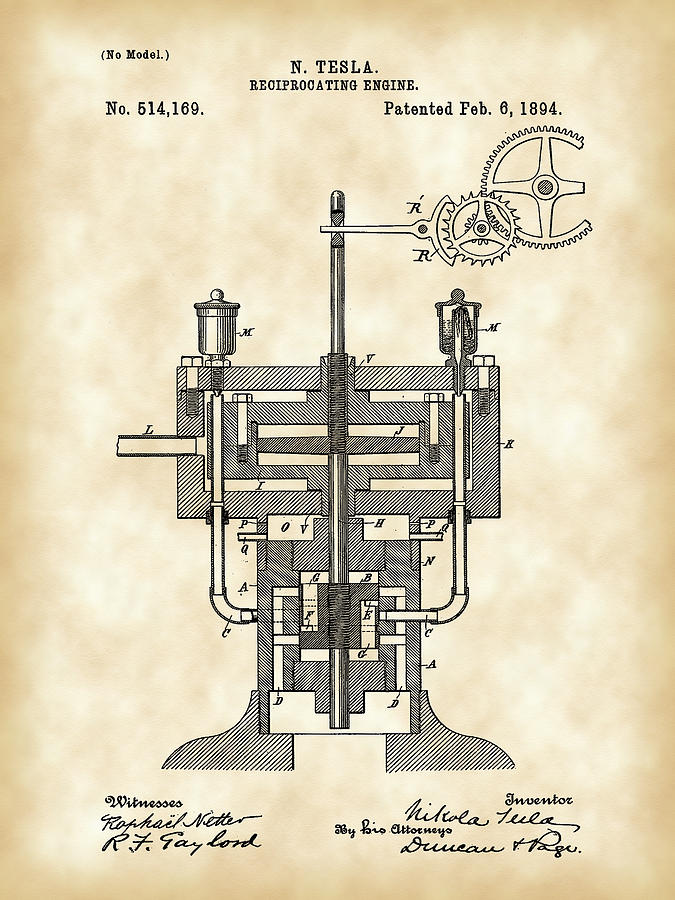 Tesla Reciprocating Engine Patent 1894 - Vintage Digital Art by Stephen ...