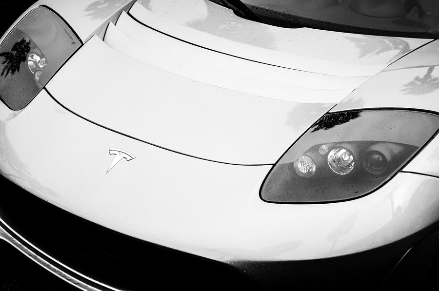 Black And White Photograph - Tesla Roadster Sport Front End - 0023bw by Jill Reger