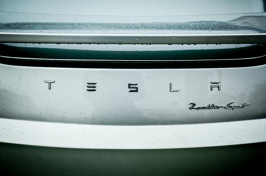 Car Photograph - Tesla Roadster Sport Rear Emblem - 0026c by Jill Reger