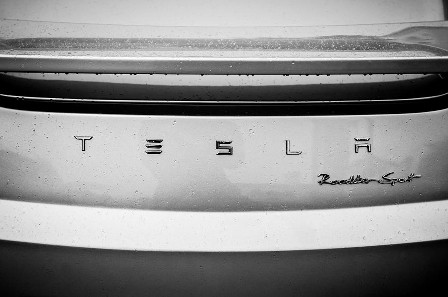 Tesla Roadster Sport Rear Emblem - 002bw Photograph by Jill Reger