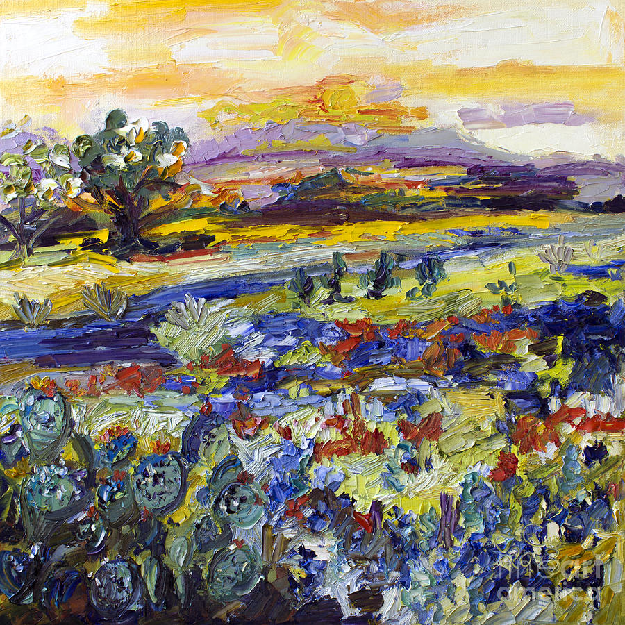 Texas hill Country Bluebonnets and Indian Paintbrush Sunset Landscape Painting by Ginette Callaway