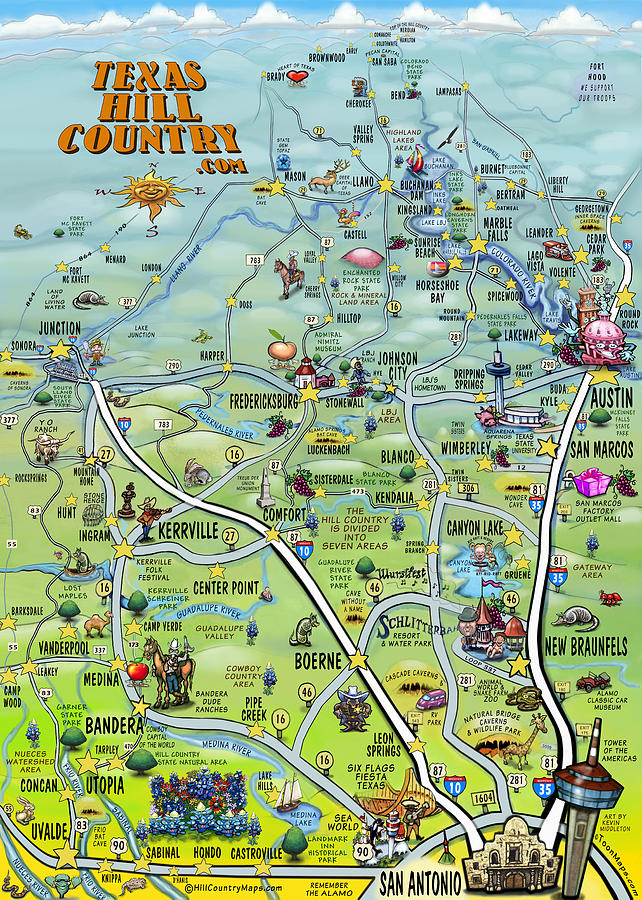 Texas Hill Country Cartoon Map by Kevin Middleton