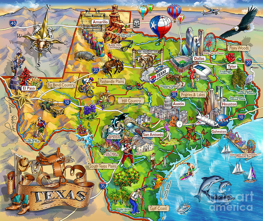 Texas Illustrated Map Painting by Maria Rabinky
