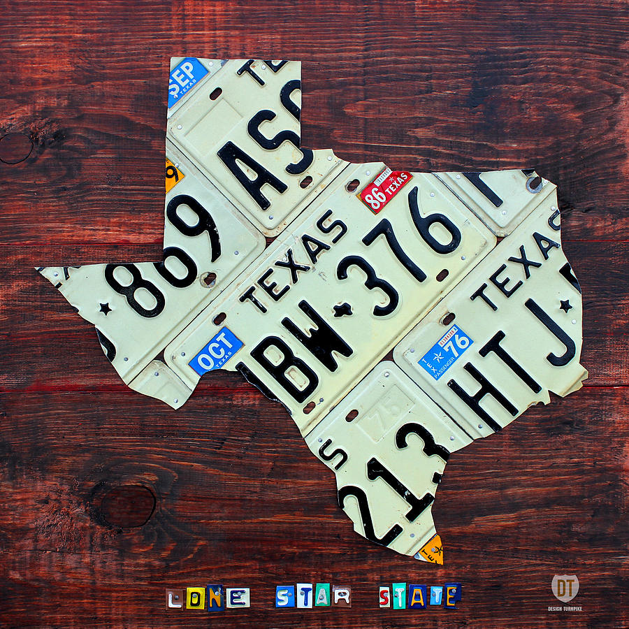Vintage Mixed Media - Texas License Plate Map The Lone Star State on Fruitwood by Design Turnpike