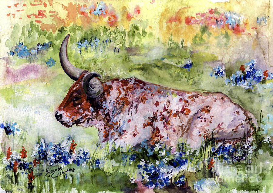 Texas Longhorn In Blue Bonnets Painting by Ginette Callaway