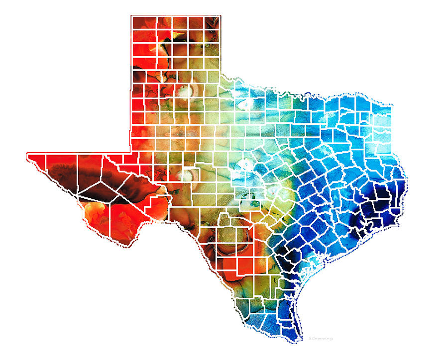 Texas Painting - Texas Map - Counties By Sharon Cummings by Sharon Cummings