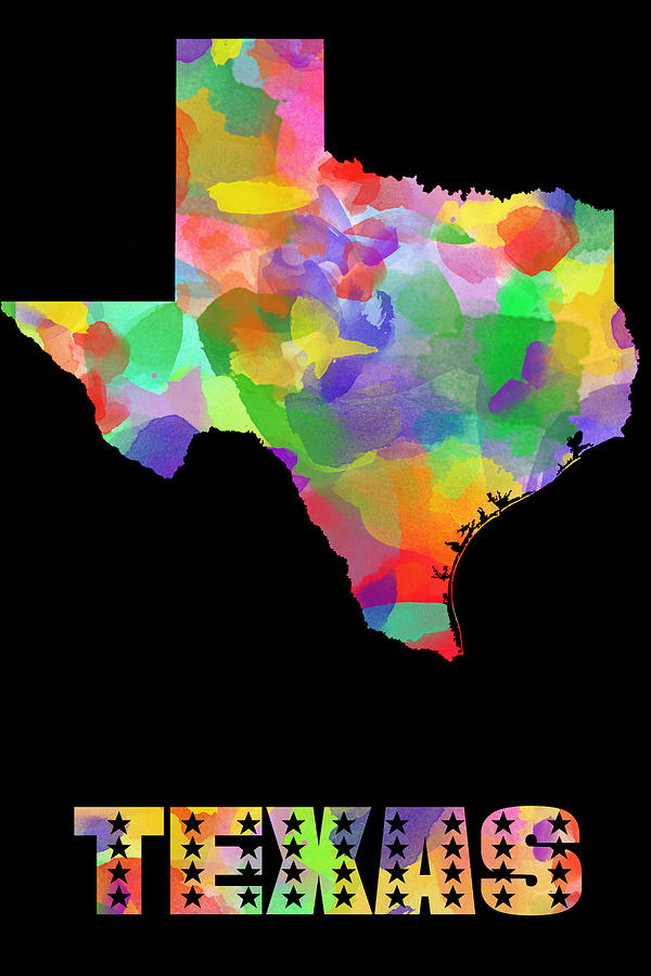 Texas map watercolor on black Painting by Eti Reid