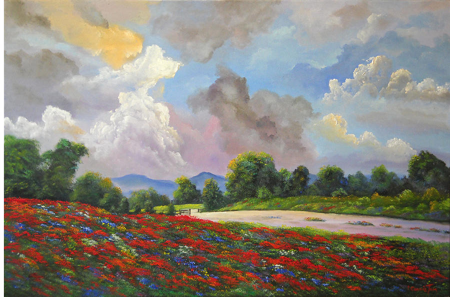 Landscape Painting - Texas Skies Over Fields of Flowers by Connie Tom