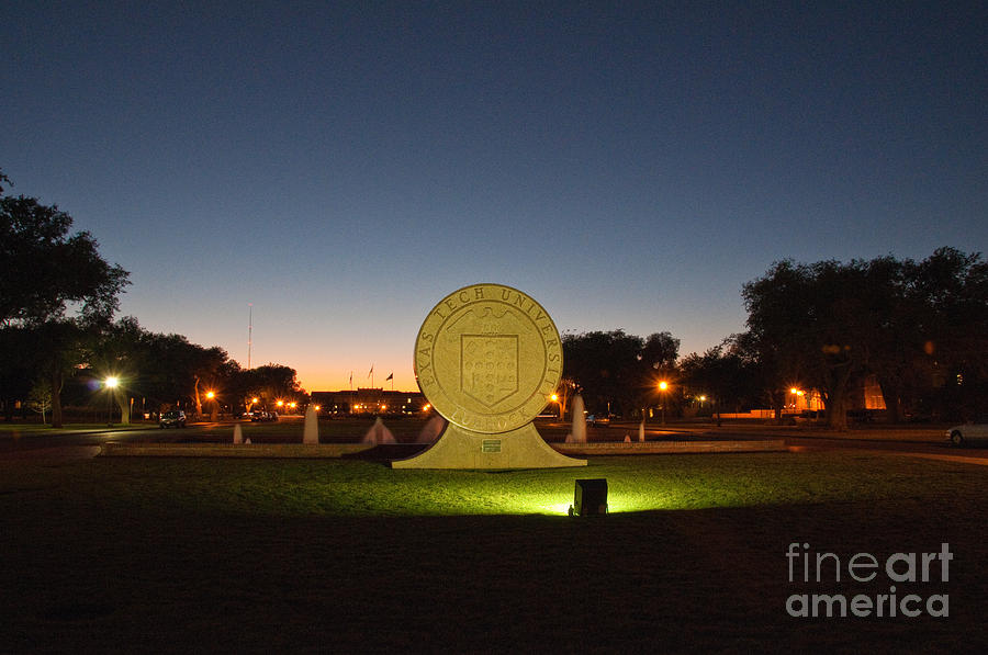 Texas Tech University Seal at sundown second image Photograph by Mae Wertz Texas Tech University Seal at sundown second image Photograph by Mae Wertz