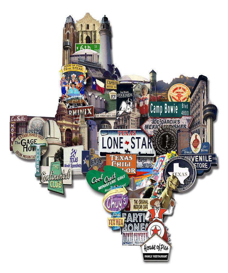 Sign Digital Art - Texas - Texas Shaped Photomontage by Sort Of Cool