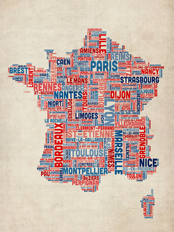 Text Map of France Map Digital Art by Michael Tompsett