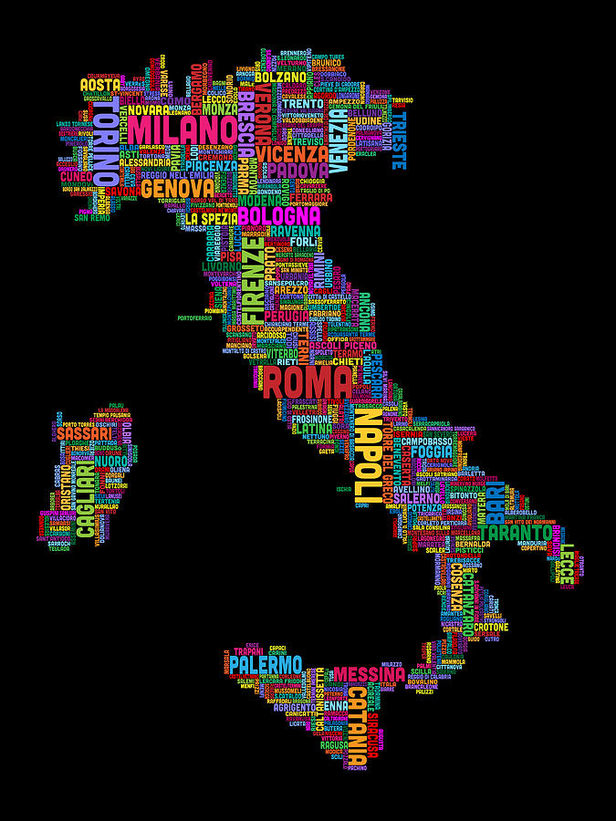 Text Map of Italy Map Digital Art by Michael Tompsett