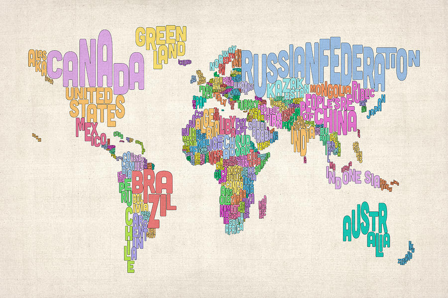 Map Of The World Digital Art - Text Map of the World Map by Michael Tompsett