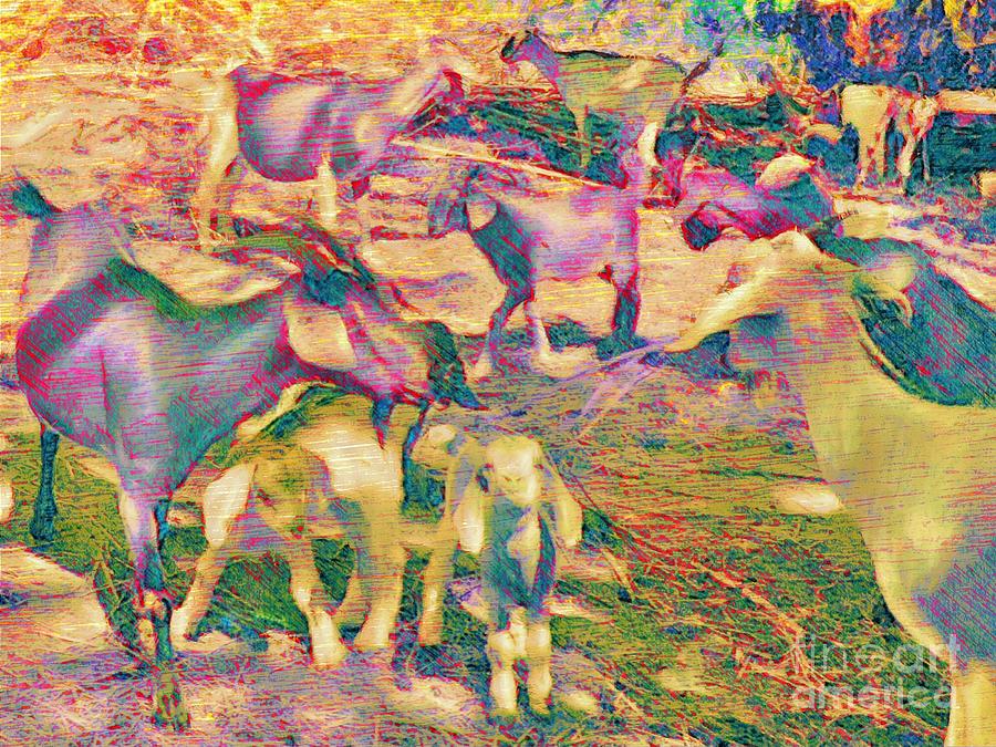 H Textured Goat Herd in Lilac - Horizontal  Painting by Lyn Voytershark