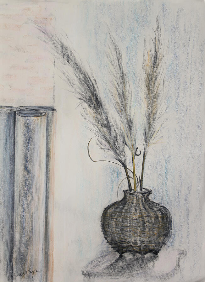 Thai Fishing Basket with Pampas Grass Plumes Drawing by Asha Carolyn Young