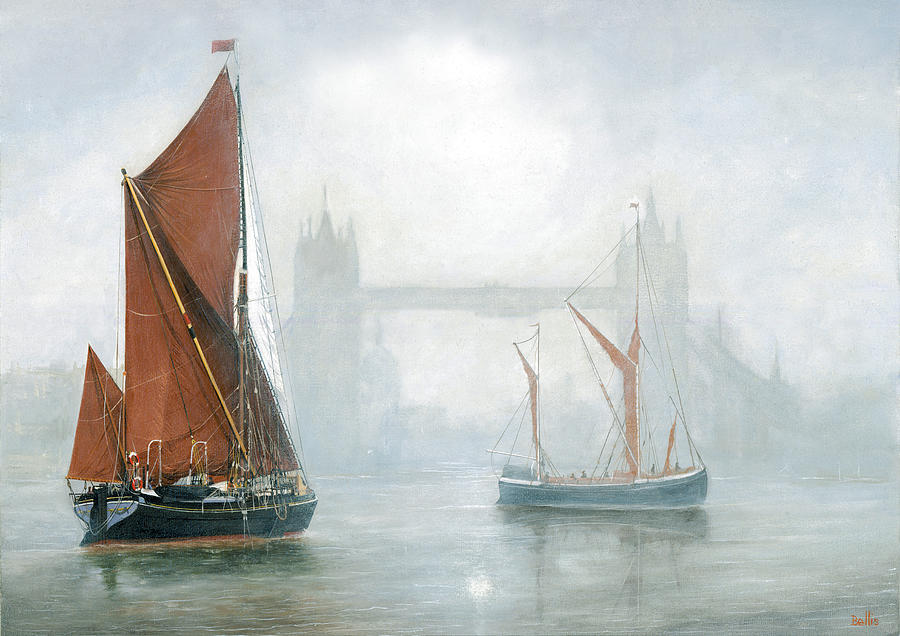 Flag Painting - Thames Barges in Morning Mist by Eric Bellis