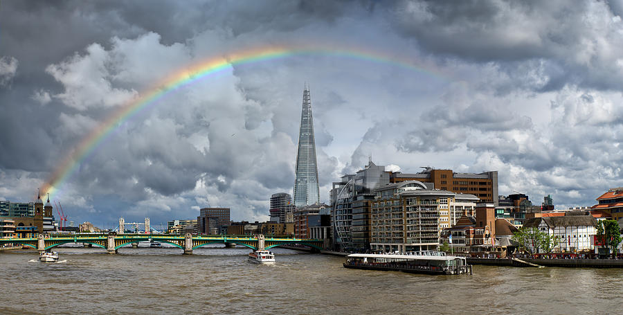 London Skyline Photograph - Thames rainbow with Shard and Globe Theatre by Gary Eason