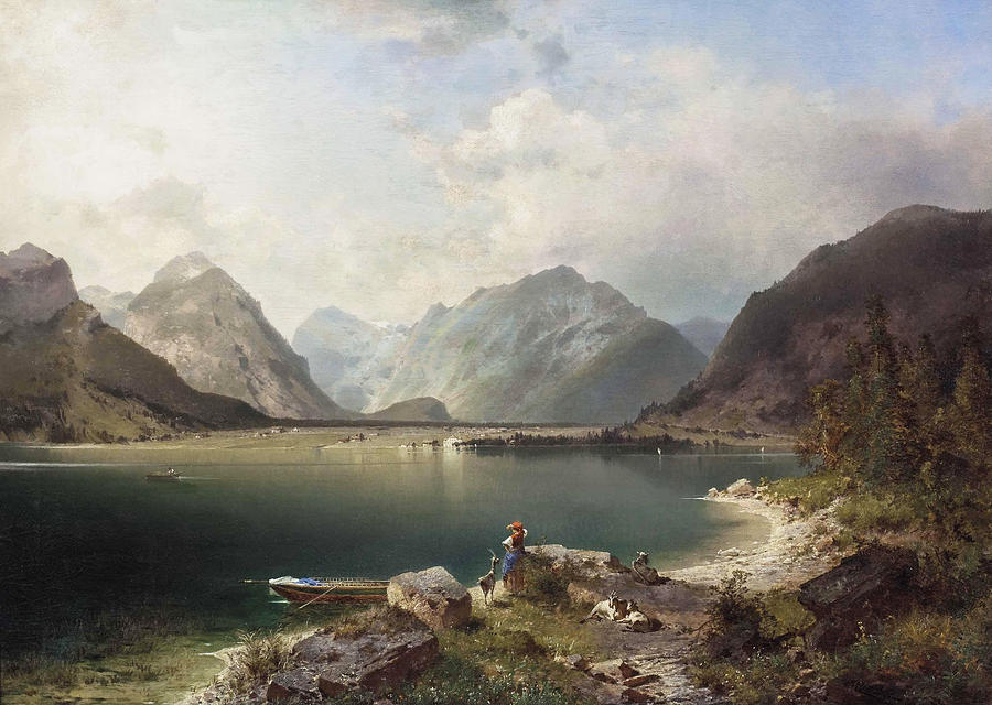 The Achen lake overlooking the district Scholasticka on the north shore Painting by Franz Richard Unterberger