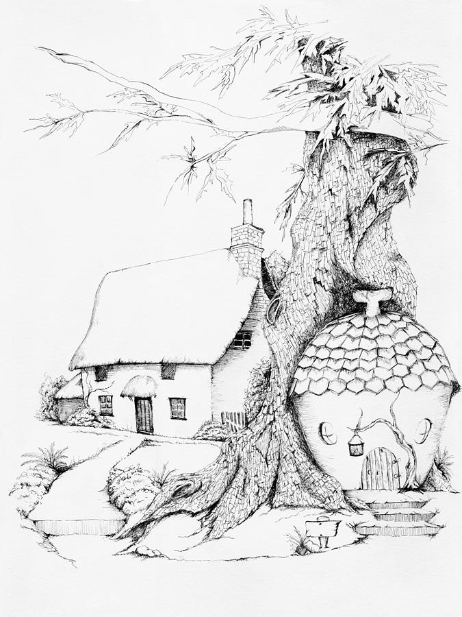 Fantasy Drawing - The Acorn and the Cabin - Black and White by Sheyenne Johnson
