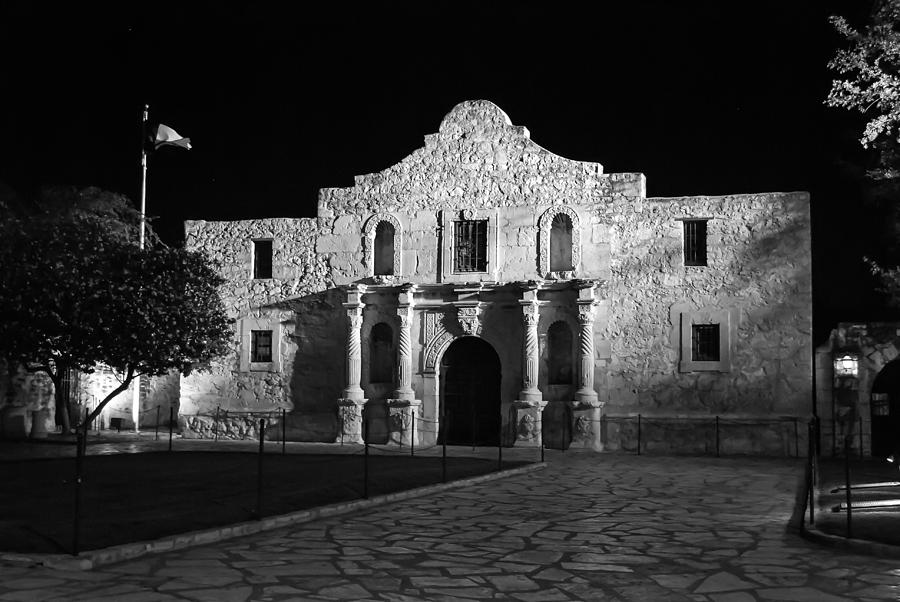 Black And White Photograph - The Alamo at Night in Black and White by Gregory Ballos