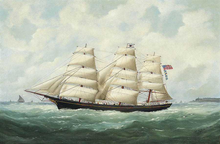 The American ship Olive S Southard of San Francisco in French waters off Le Havre Painting by Edouard Adam