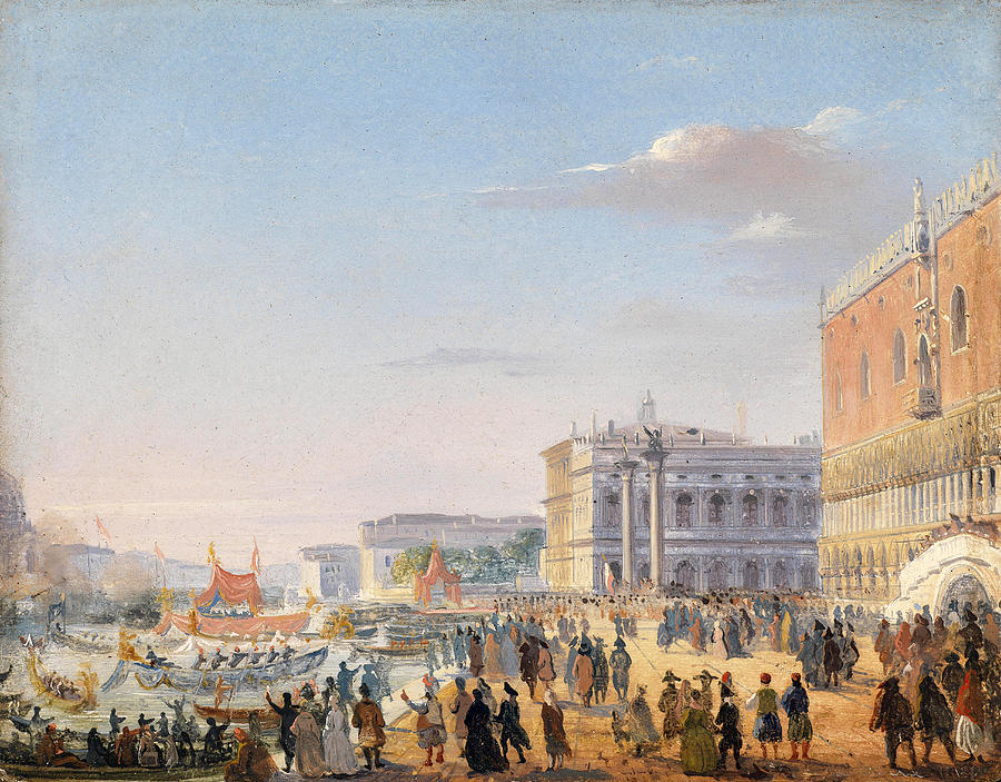 The arrival of Emperor Franz Joseph and Empress Elisabeth of Austria in Venice in 1856 Painting by Ippolito Caffi
