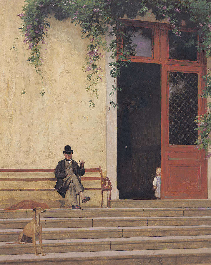 Jean Leon Gerome Painting - The Artists Father and Son on the Doorstep of his House by Jean Leon Gerome
