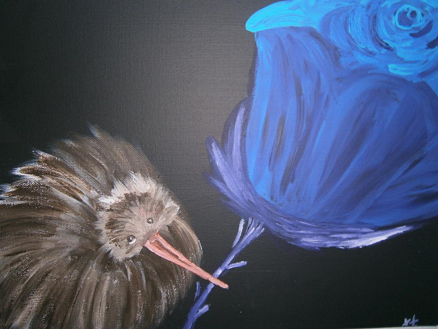 The Awesome Kiwi holding The Tailed Flower Painting by Tania Stefania Katzouraki