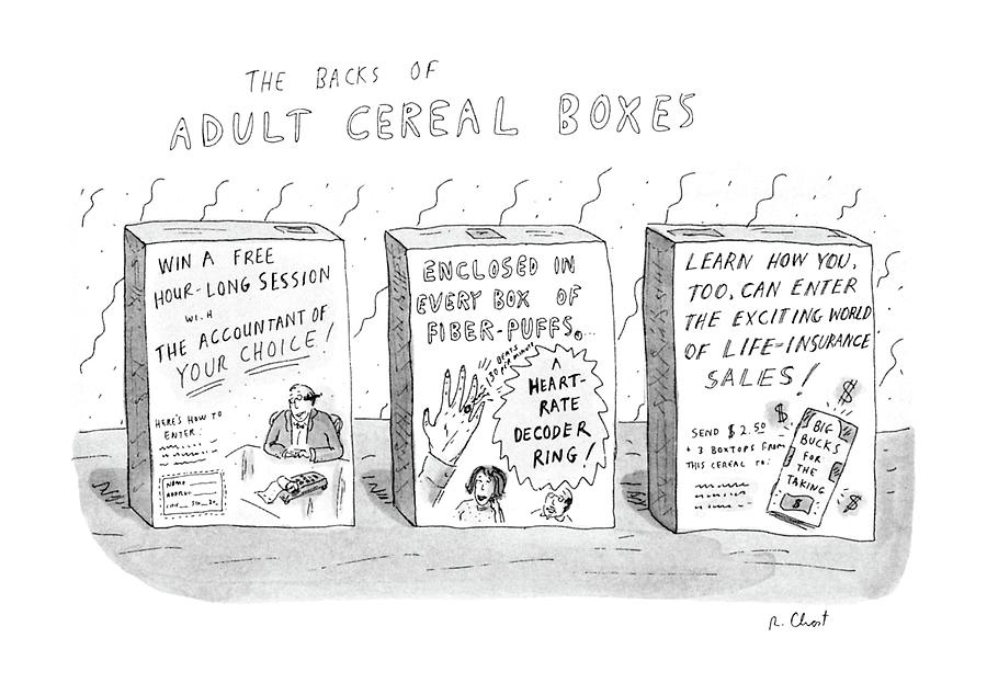 The Backs Of Adult Cereal Boxes Drawing by Roz Chast