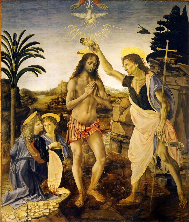The Baptism of Christ Painting by Leonardo Da Vinci and Andrea del Verrocchio