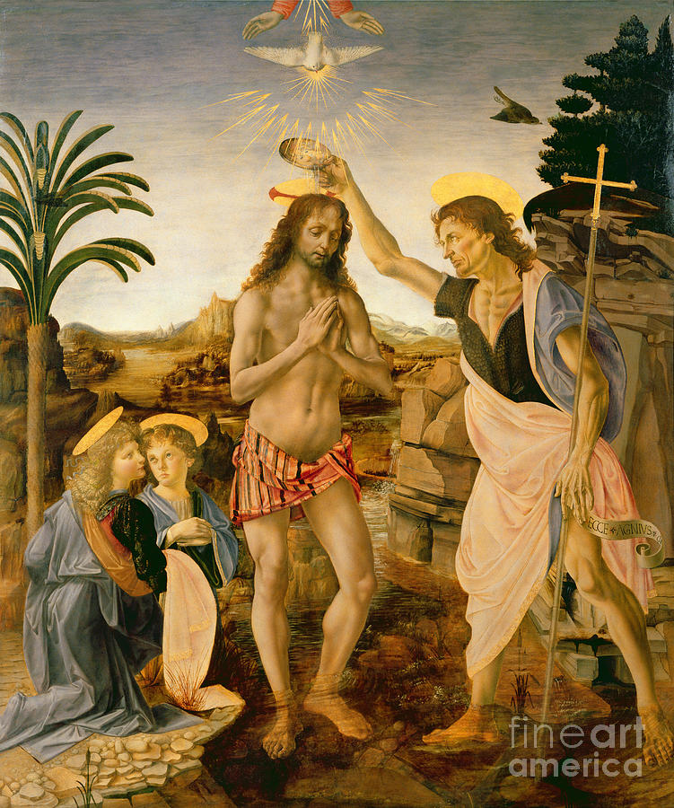 Leonardo Da Vinci Painting - The Baptism of Christ by John the Baptist by Leonardo da Vinci