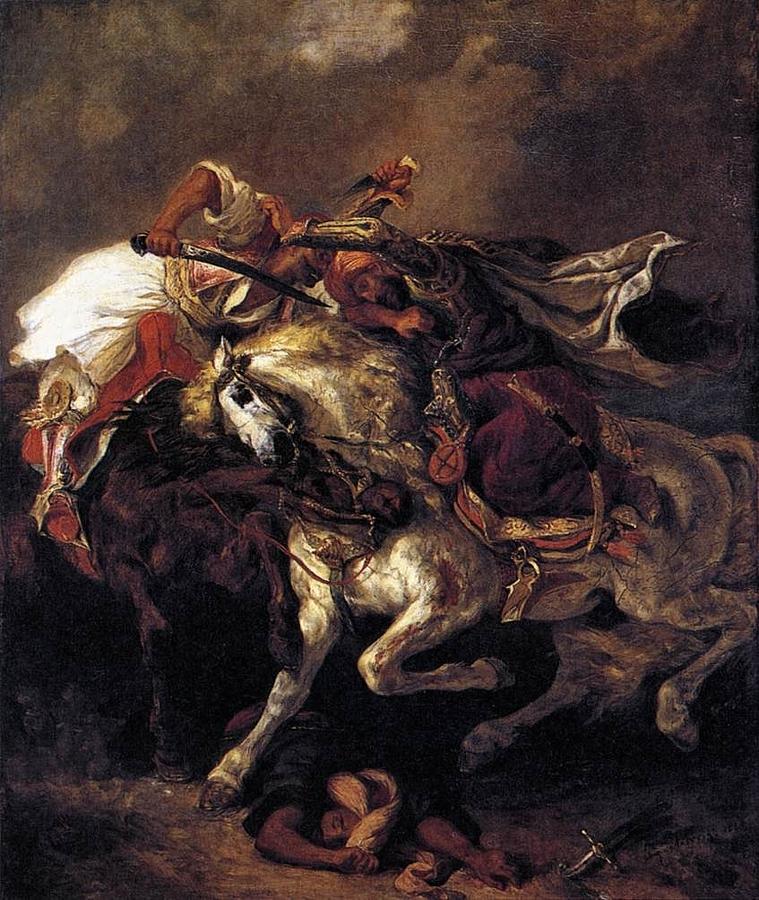 Eugene Delacroix Painting - The Battle of Giaour and Hassan by Eugene Delacroix