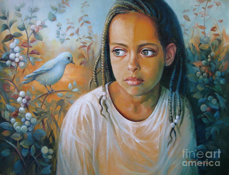 Portrait Painting - The bird and the child by Elena Oleniuc
