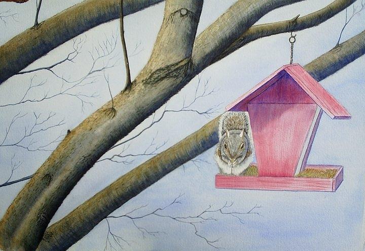 Squirrel Painting - The Birdfeeer by Carol Oberg Riley