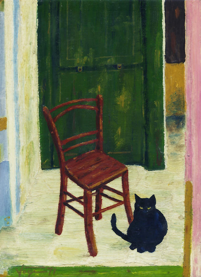 GREEN DOOR  and   BLACK CAT Painting by Hartmut Jager