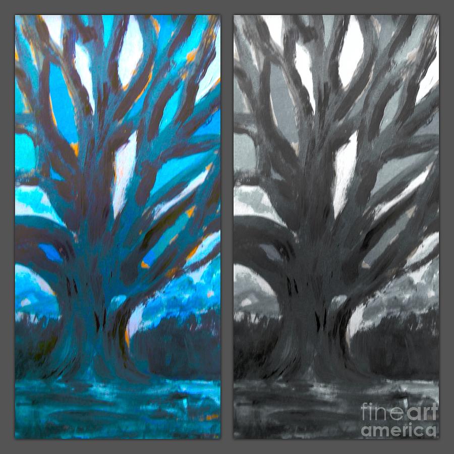 The Blue and Grey Tree Painting by Joan-Violet Stretch