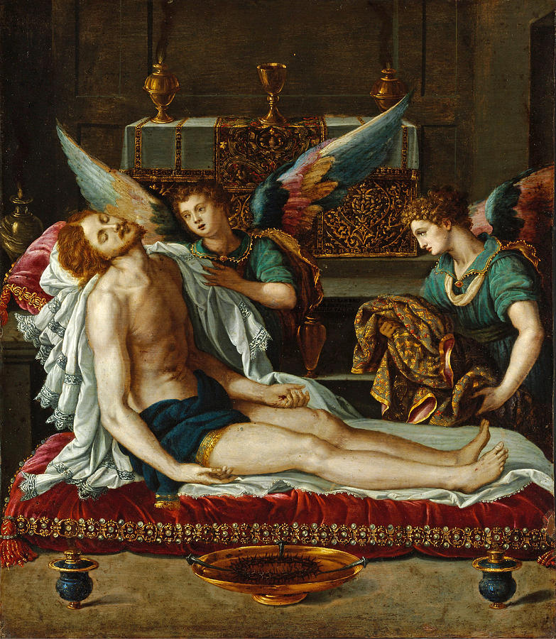 Alessandro Allori Painting - The Body of Christ Anointed by Two Angels by Alessandro Allori