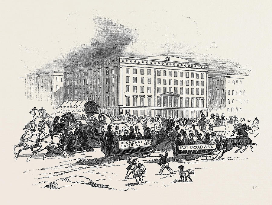 Broadway Drawing - The Broadway, New York  Sleigh Riding After The Late Snow by American School