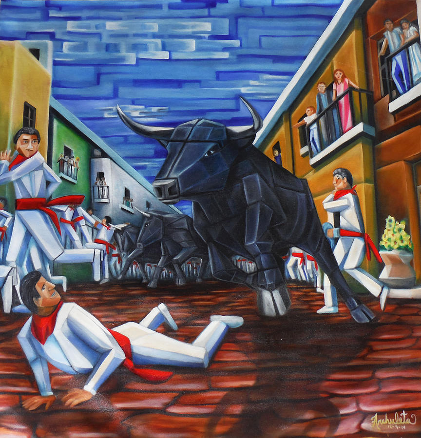 Bull Painting - The Bull Run in Pamplona by Ruben Archuleta - Art Gallery