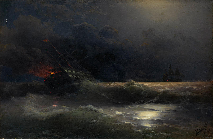Ivan Konstantinovich Aivazovsky Painting - The Burning Ship by Ivan Konstantinovich Aivazovsky