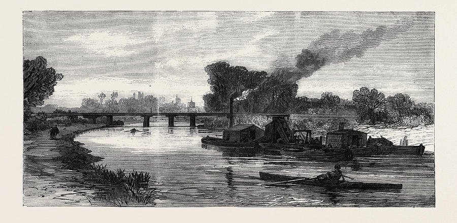 Cambridge Drawing - The Cam River Improvements Dredging Near Cambridge Uk 1869 by English School