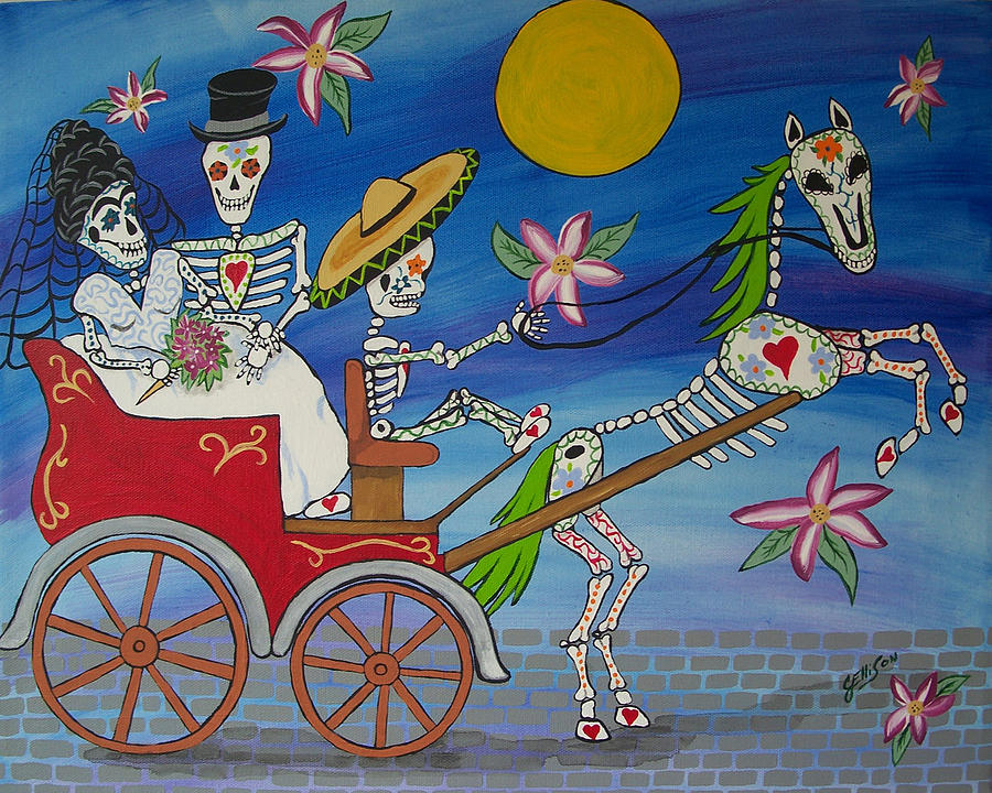 Vintage Painting - The Carriage Ride Day of the Dead by Julie Ellison