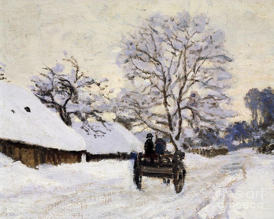 Cart, road under snow in Honfleur Painting by Claude Monet