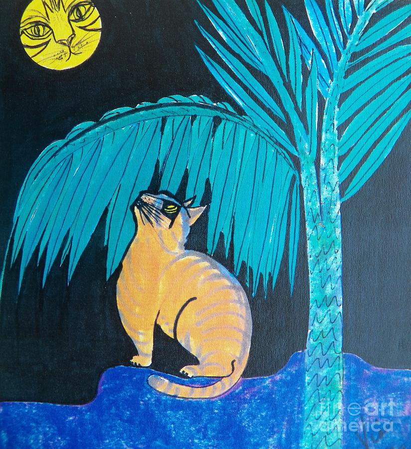 Cat Painting - The Cat in the Moon by Judy Via-Wolff