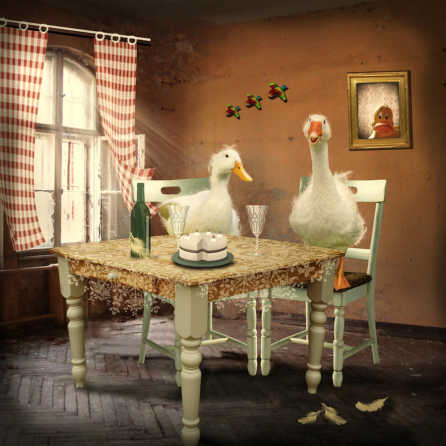 Tea Party With Two Geese Sitting Down To Eat Cake Photograph by Ethiriel Photography