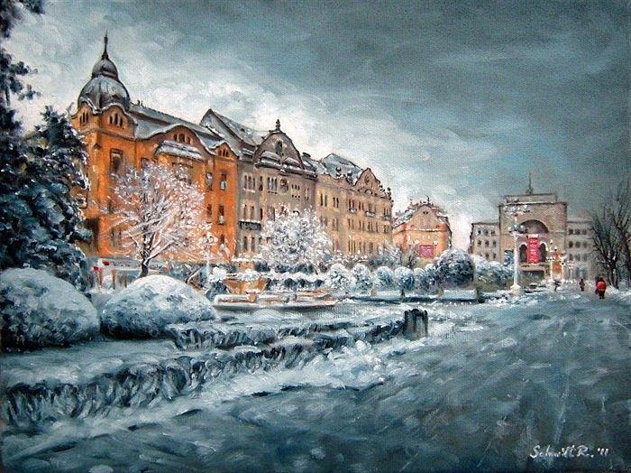Winter Painting - The central square in Timisoara by Schmidt Roger