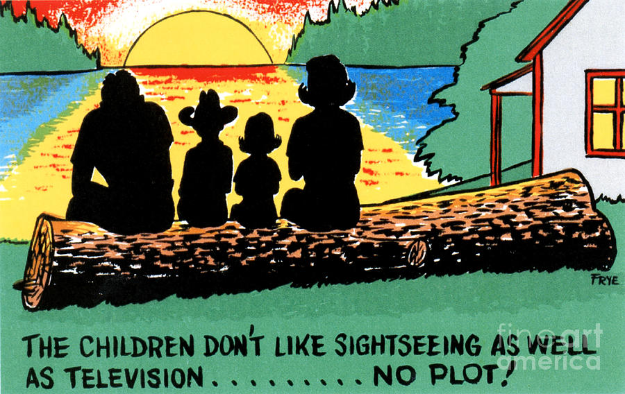 Vintage Cartoon Drawing - The children dont like sightseeing as well as television.....NO PLOT by Eldon Frye