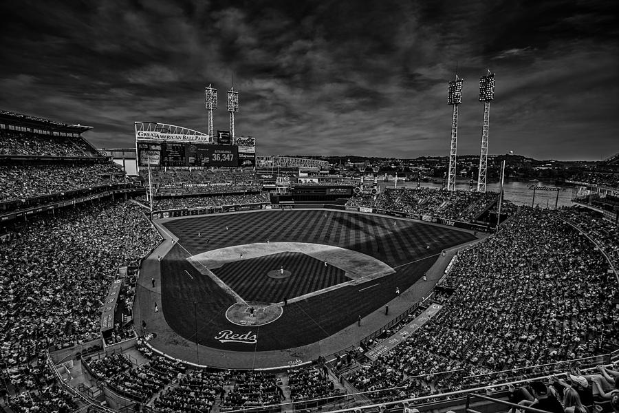 Black And White Photograph - The Cincinnati Reds Black and White by David Haskett II