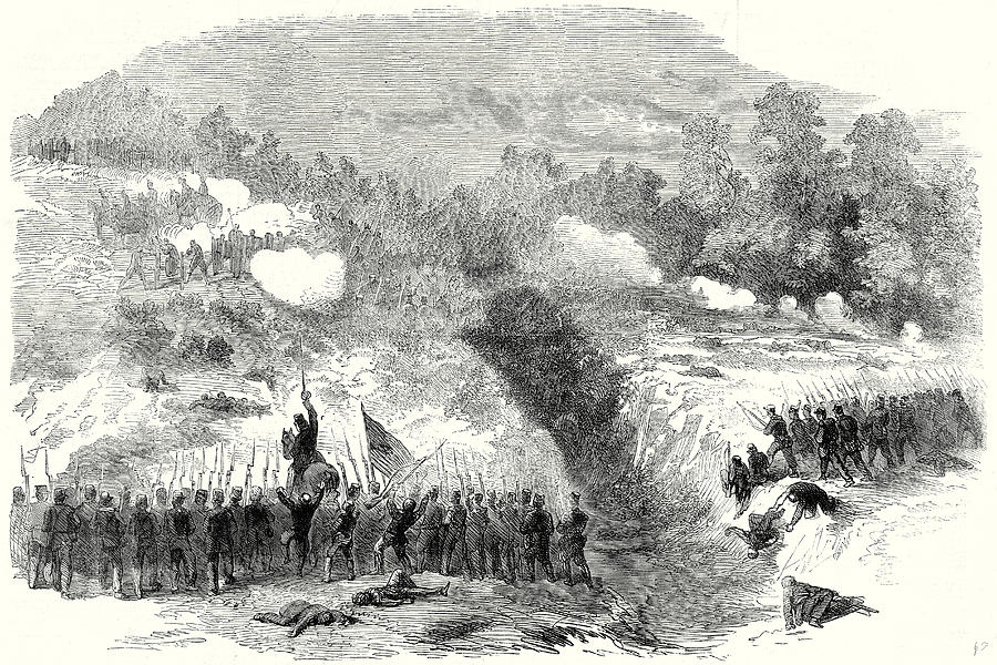 Vintage Drawing - The Civil War In America Attack On The Confederate by American School