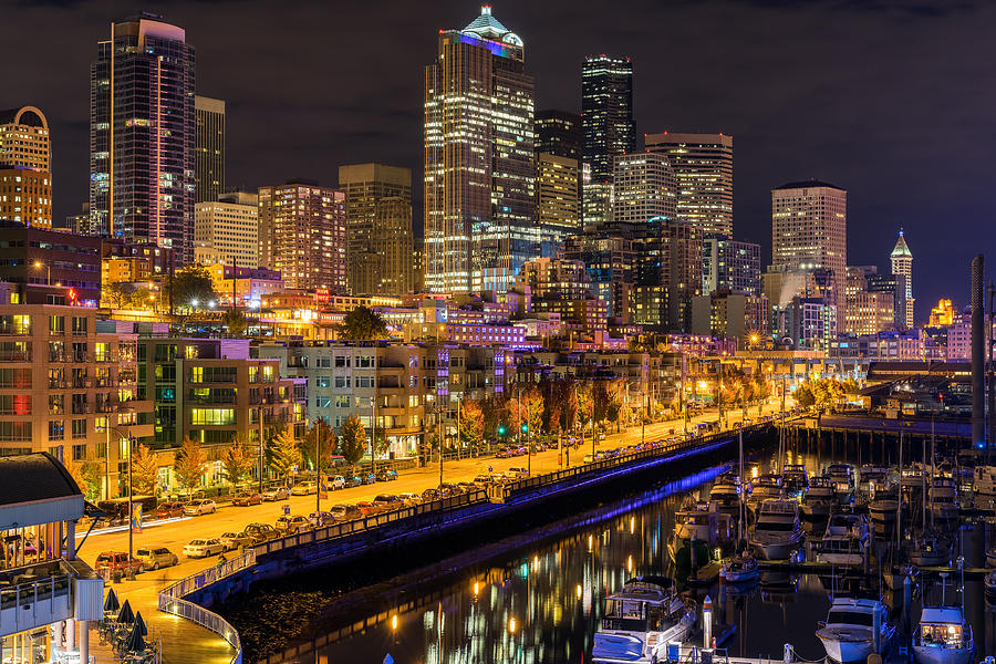 Seattle Photograph - The Colors of Night lights in Seattle by Ken Stanback